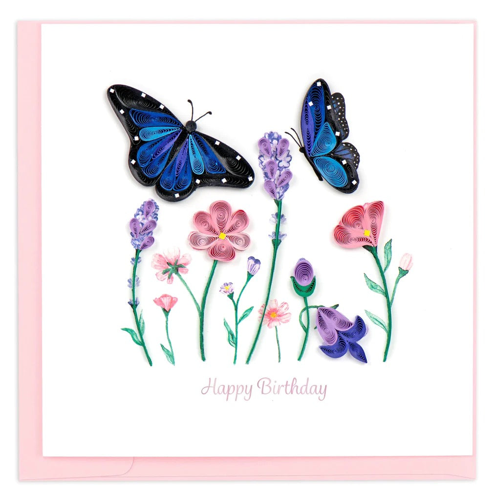 Quilling Birthday Flowers & Blue Butterflies Greeting Card